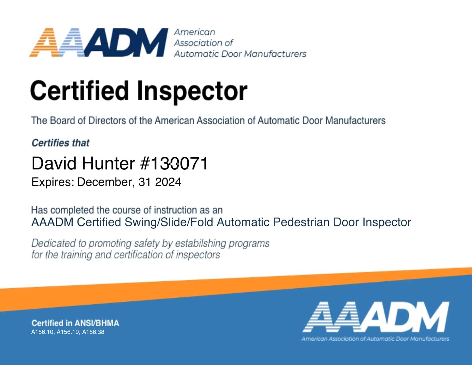 American Association of Automatic Door Manufacturers inspector certification for David Hunter