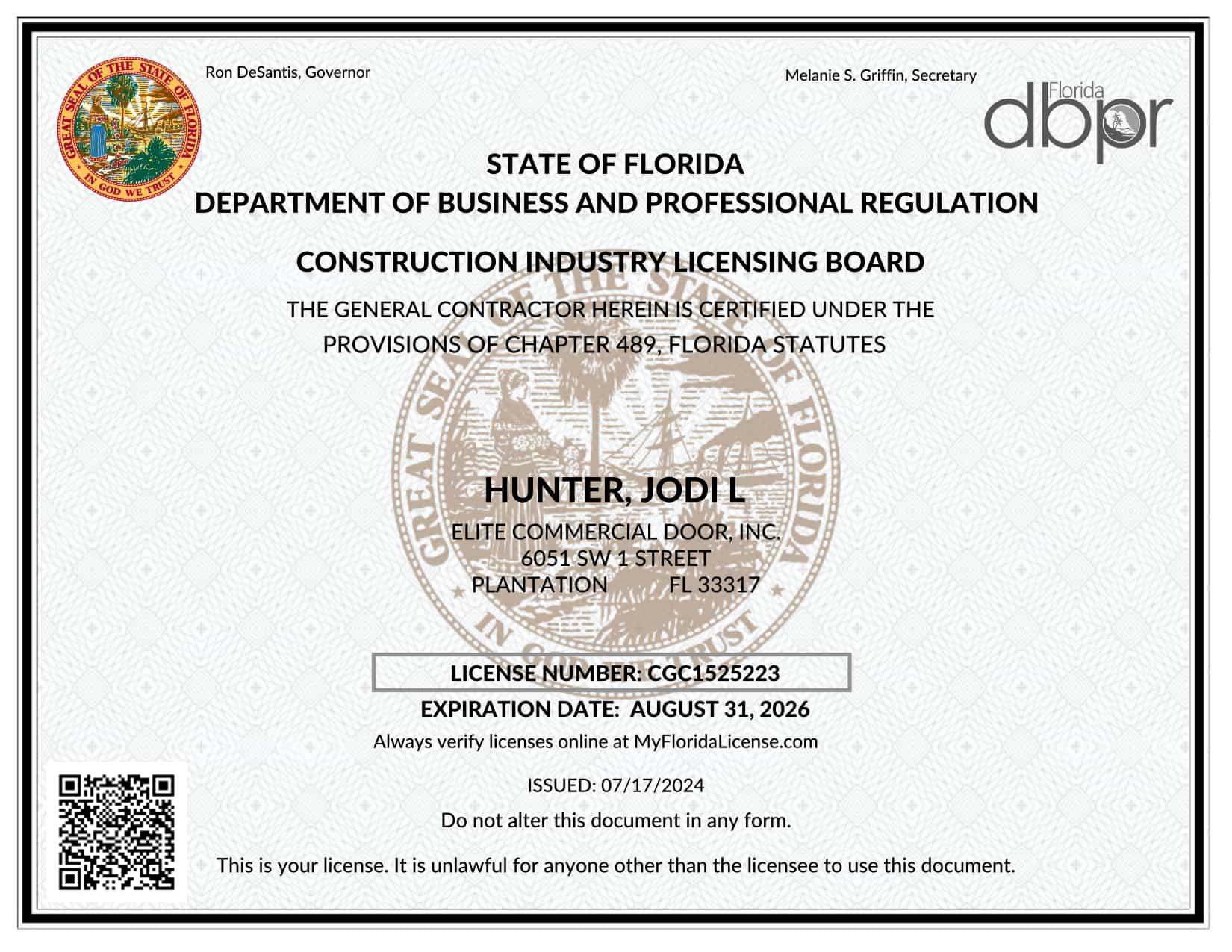 State of Florida construction industry license for Jodi L Hunter