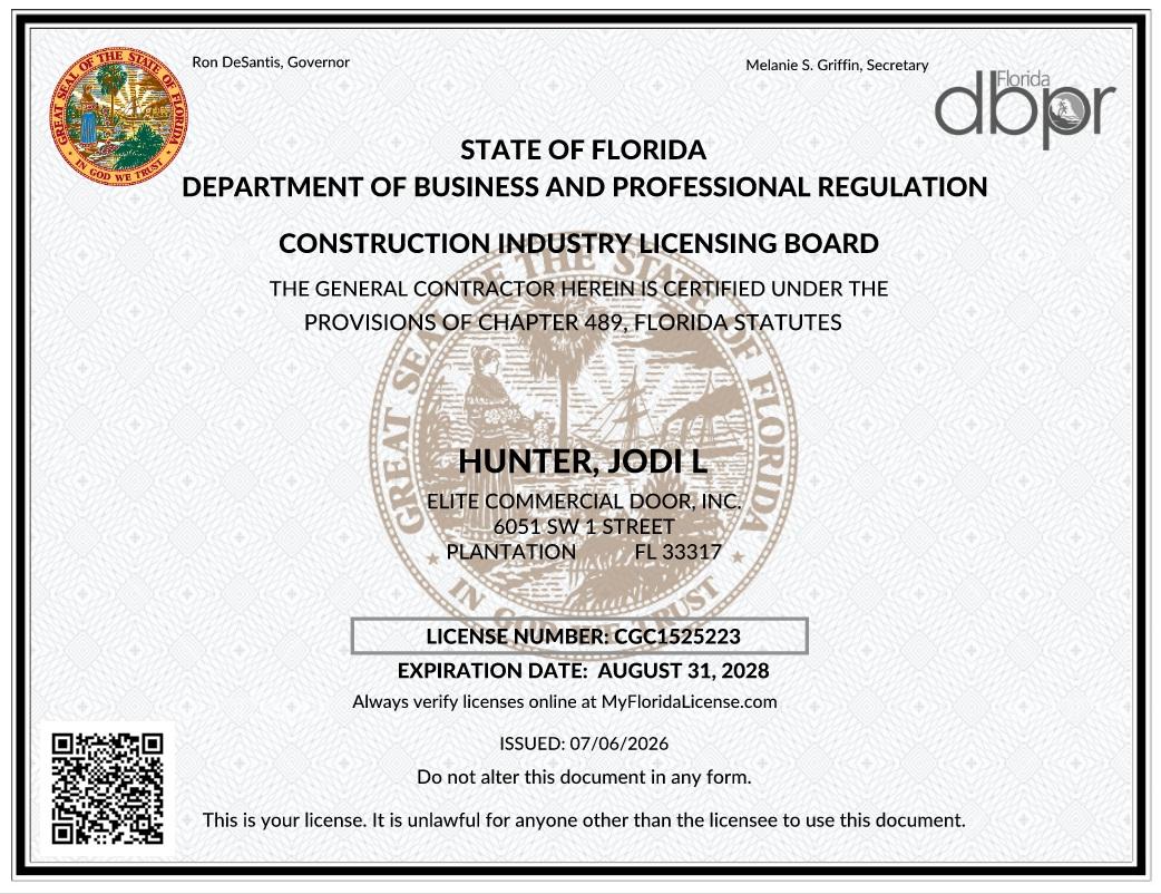 State of Florida construction industry license for Jodi L Hunter